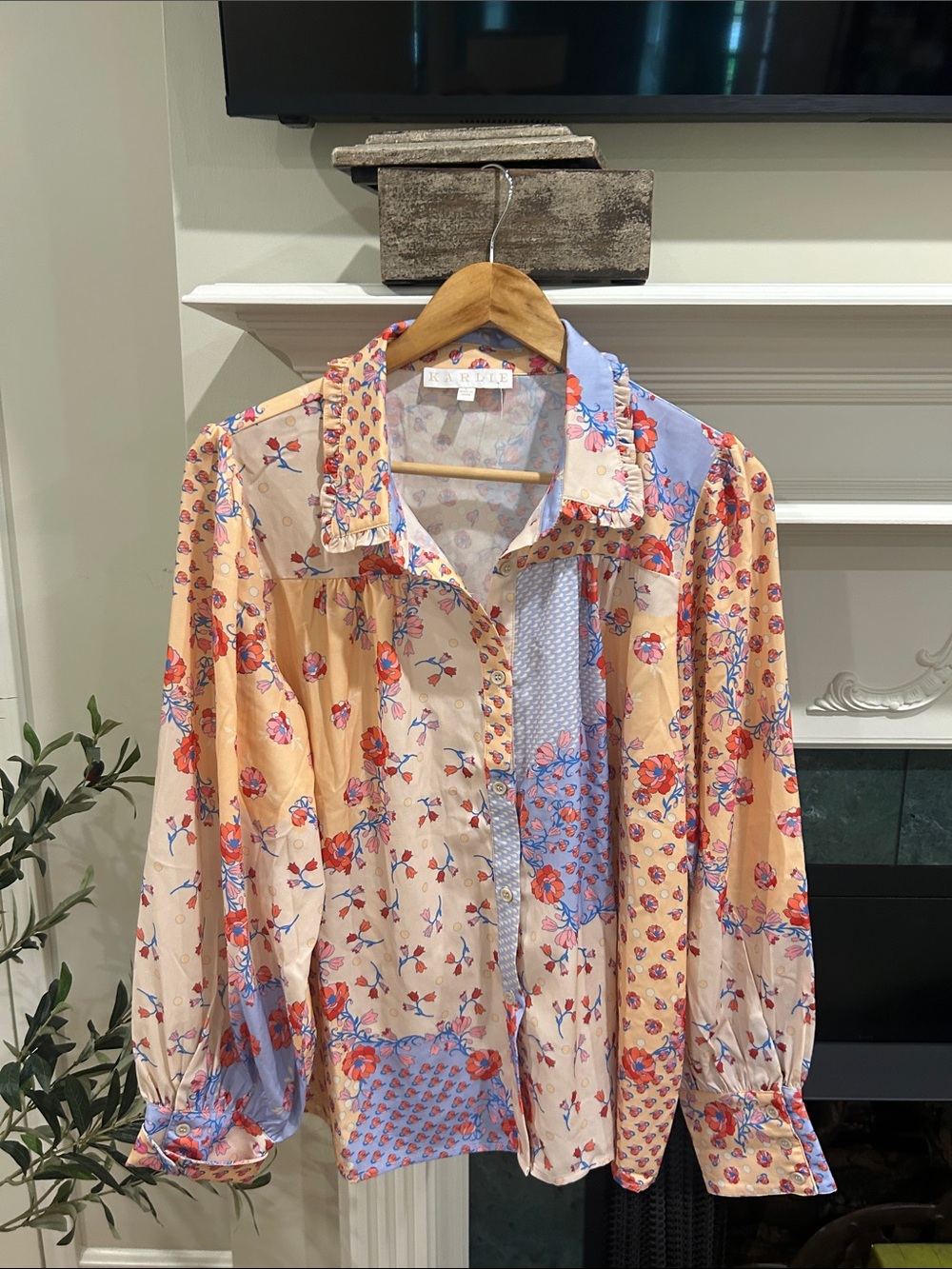 Karlie Peach and Periwinkle Floral Patchwork Blouse
